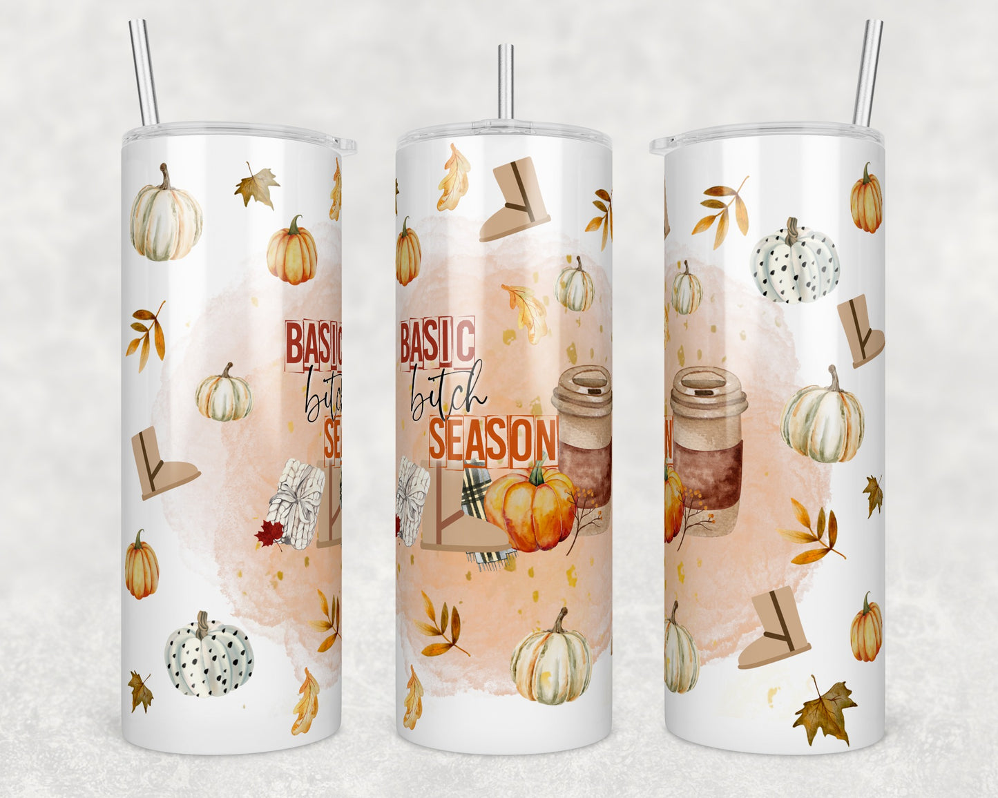 Basic Bitch Season Tumbler – Fall Aesthetic with Pumpkins, Coffee & Boots