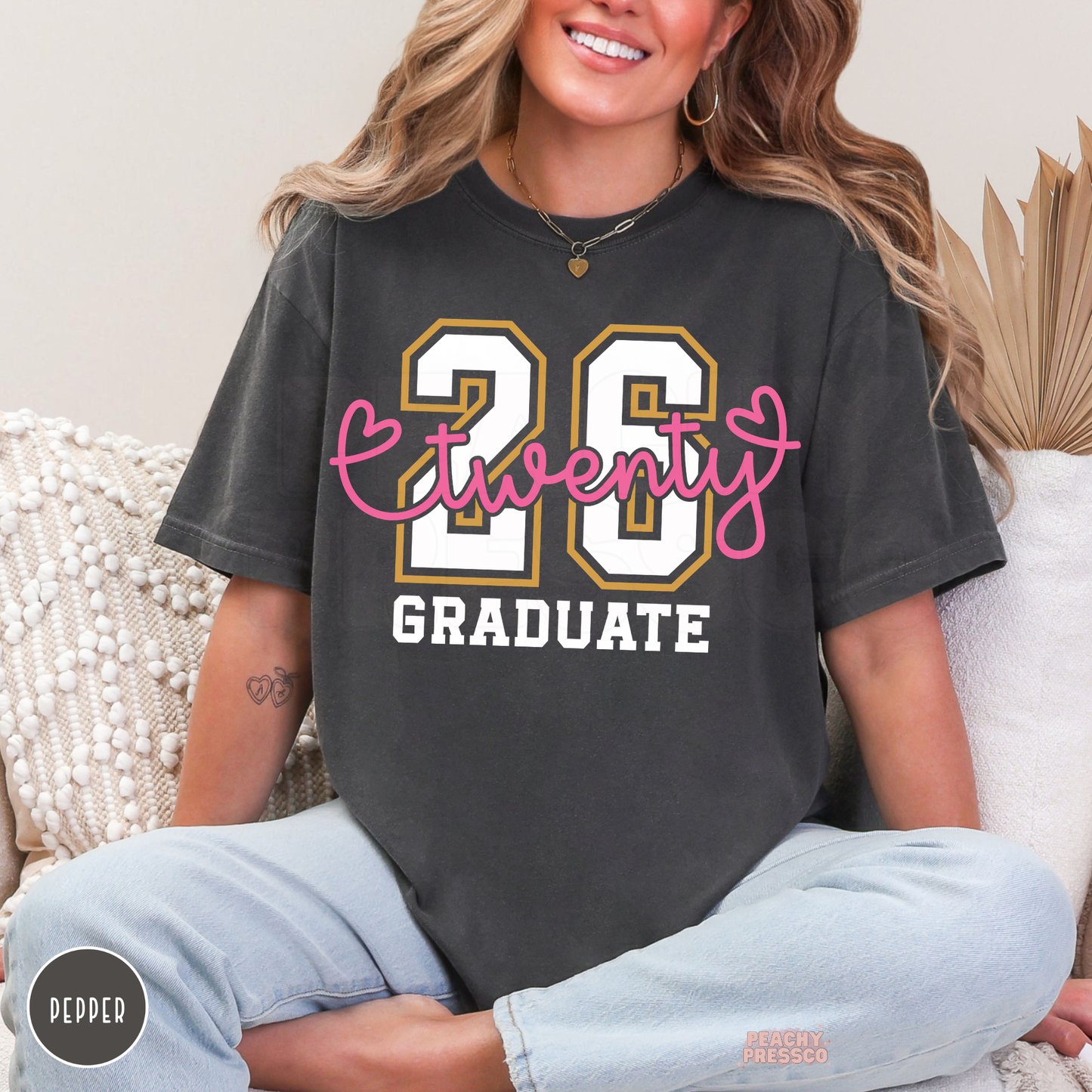 Pepper gray graduation t-shirt featuring Twenty 26 Graduate design