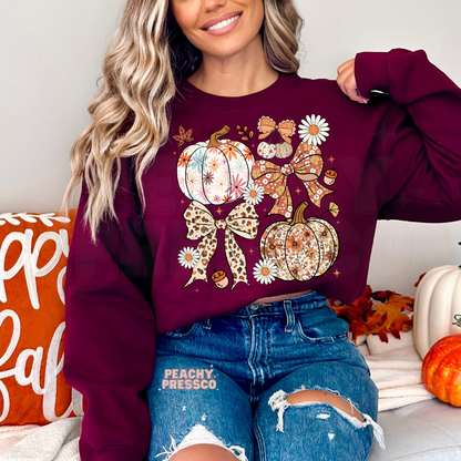 Fall Pumpkins & Bows Sweatshirt, Cute Autumn Apparel