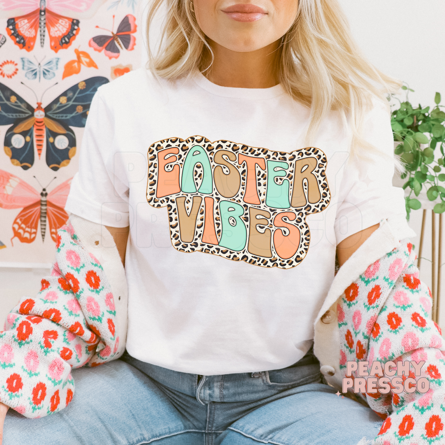 Retro Leopard Print Easter Vibes T-Shirt – Pastel Spring Graphic Apparel
