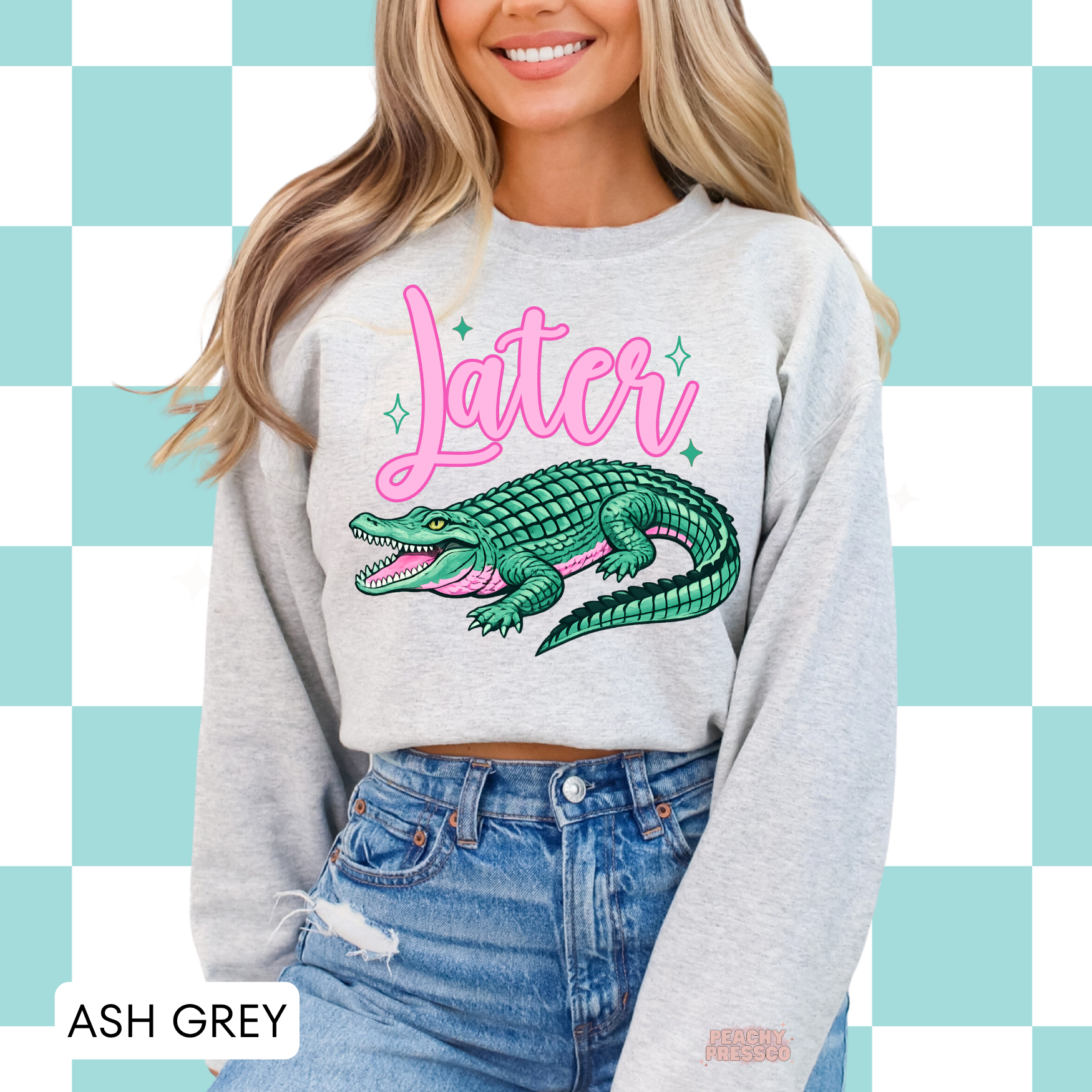 Ash grey crewneck sweatshirt with retro alligator design and pink “Later” typography – cute southern-inspired women’s sweatshirt.