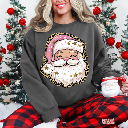 Pink Leopard Santa Face Christmas Shirt, Holiday Apparel