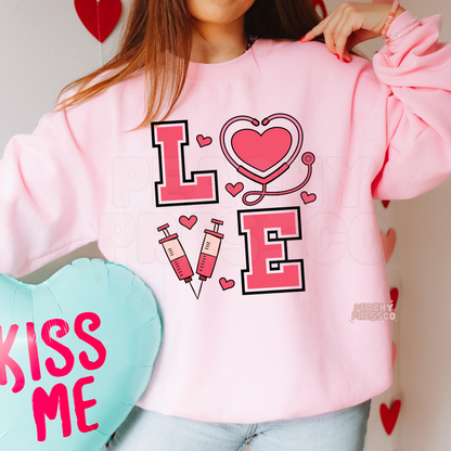 LOVE Nurse Sweatshirt – Valentine’s Day Nurse Gift With Syringe & Stethoscope