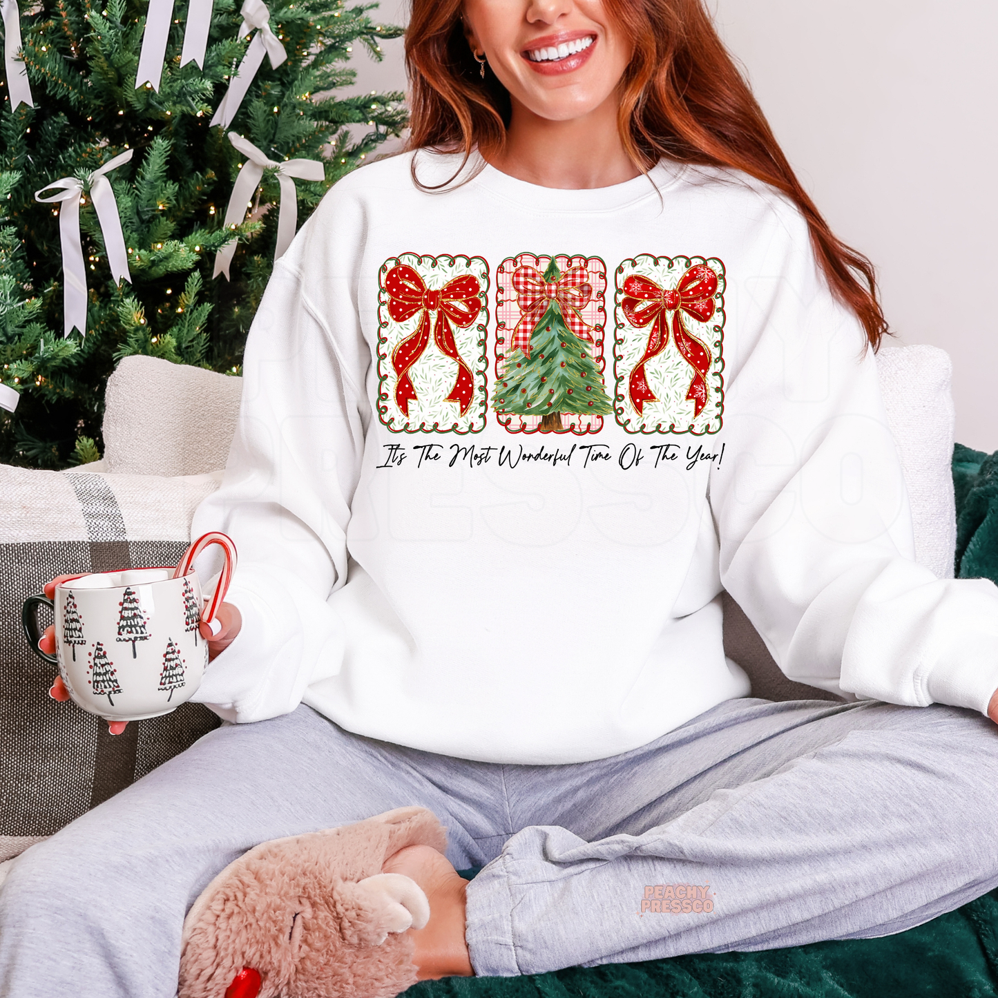Christmas Tree & Bows Sweatshirt – Cozy Holiday Sweater With Festive Graphic Apparel