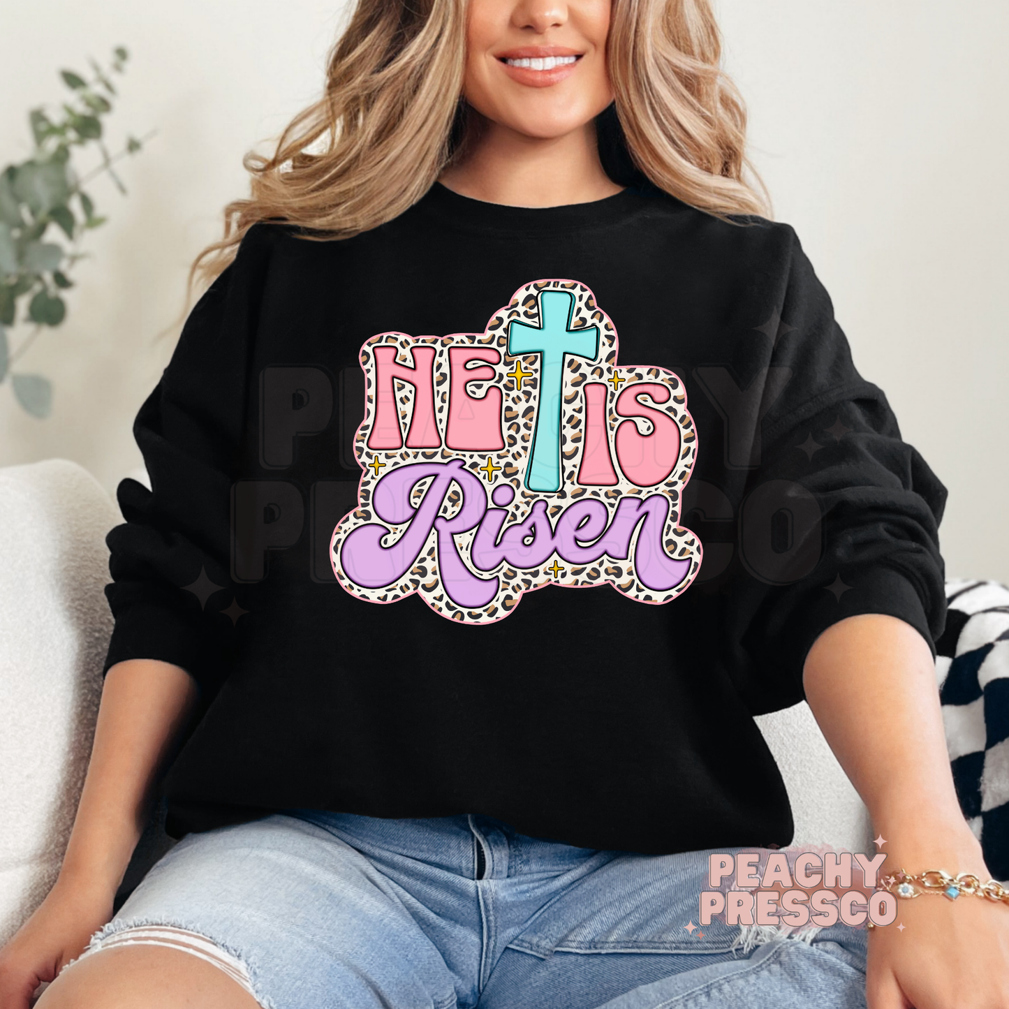 He Is Risen Leopard Print Cross T-Shirt – Pastel Christian Apparel, Retro Script