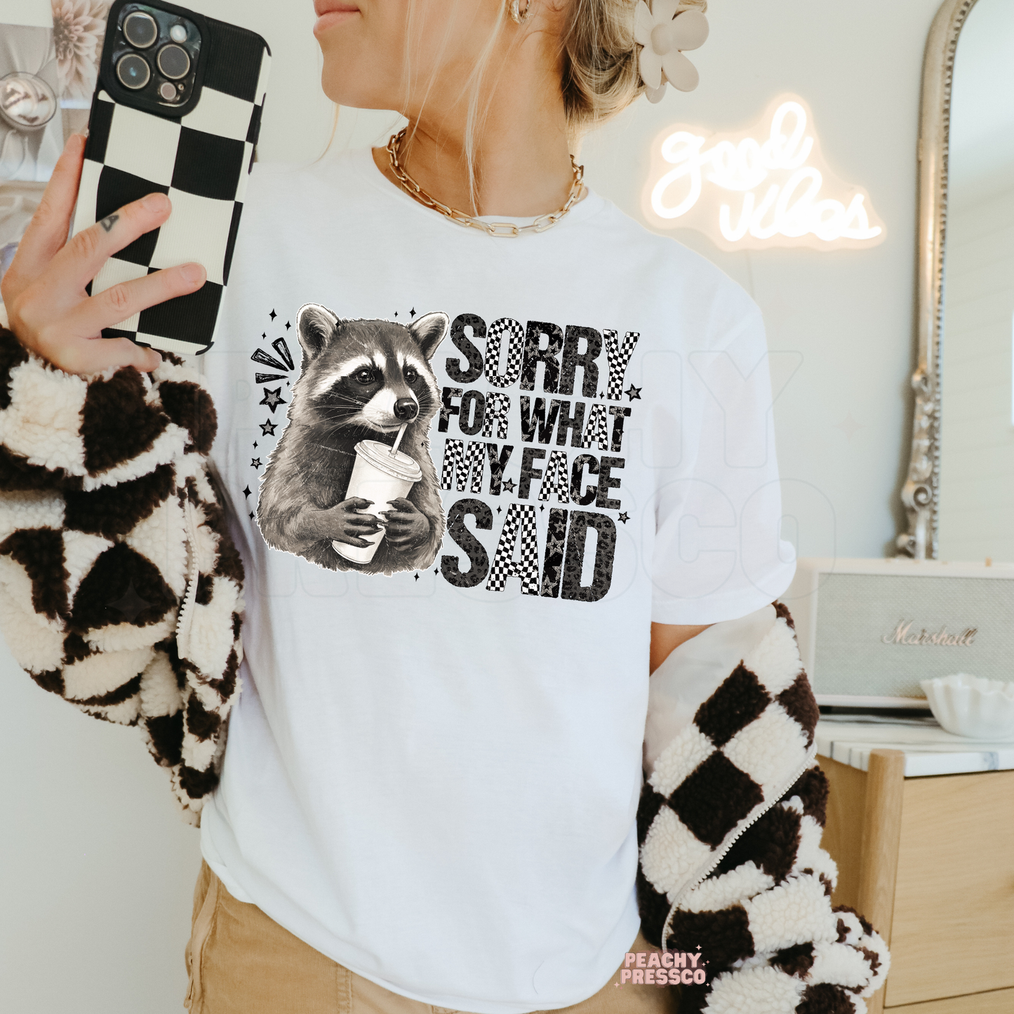 Sorry For What My Face Said Raccoon Shirt | Funny Sarcastic Graphic Crewneck, Apparel