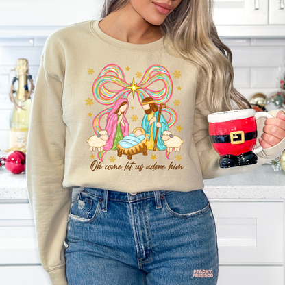 Oh Come Let Us Adore Him Nativity Christmas Sweatshirt | Festive Holiday Apparel