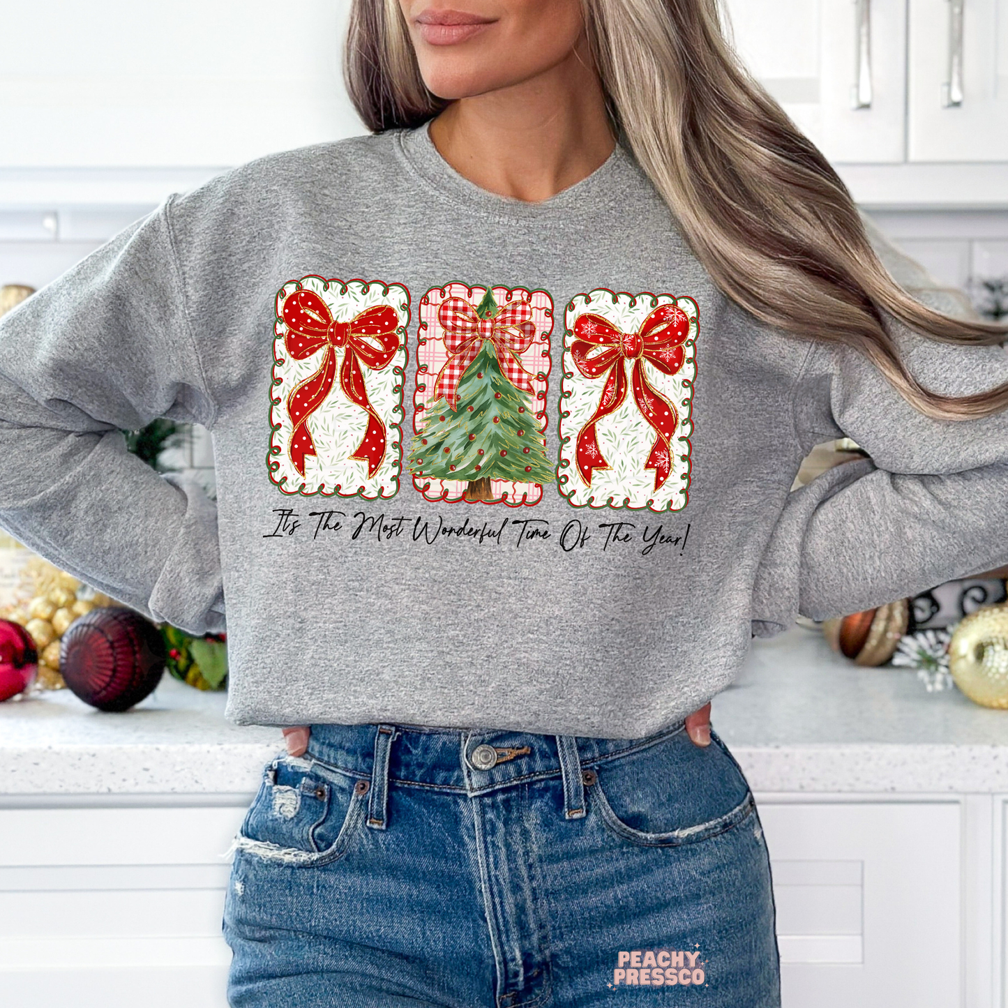 Christmas Tree & Bows Sweatshirt – Cozy Holiday Sweater With Festive Graphic Apparel