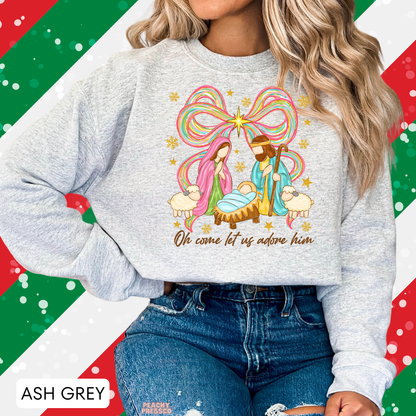 Oh Come Let Us Adore Him Nativity Christmas Sweatshirt | Festive Holiday Apparel