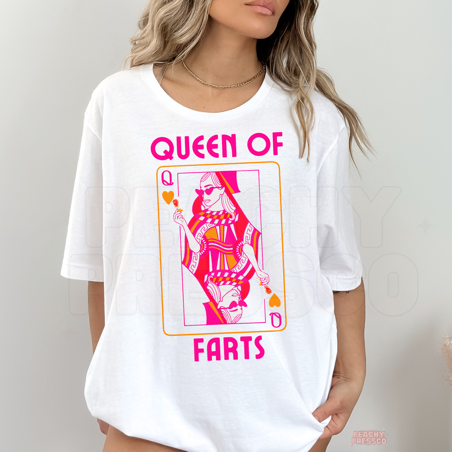 Queen of Farts graphic t-shirt with pink playing card design, funny bold statement tee for women