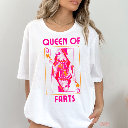 Queen of Farts graphic t-shirt with pink playing card design, funny bold statement tee for women