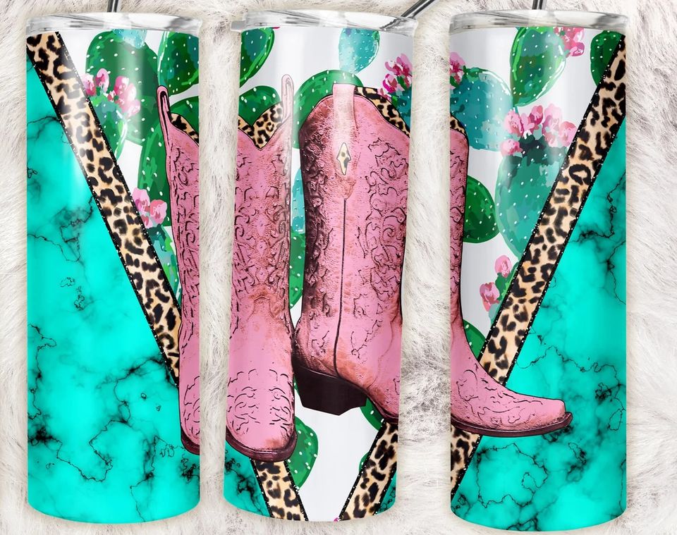 Pink Western Cow Girl Boots with Leopard Print & Teal Marble Tumbler