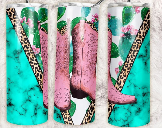 Pink Western Cow Girl Boots with Leopard Print & Teal Marble Tumbler