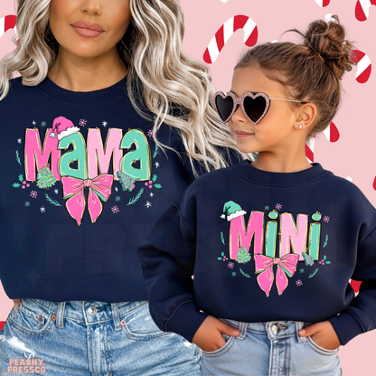 Cute Pink Bow Mama & Mini Christmas Sweatshirts | Matching Holiday Mom and Daughter, Apparel