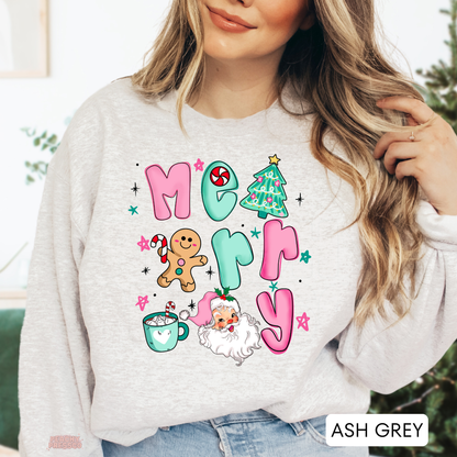 Merry Christmas Sweatshirt | Cute Retro Holiday Vibes with Santa & Gingerbread Apparel
