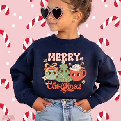 Cute Kids Merry Christmas Sweatshirt – Smiling Tree & Hot Cocoa Joy, Holiday Apparel