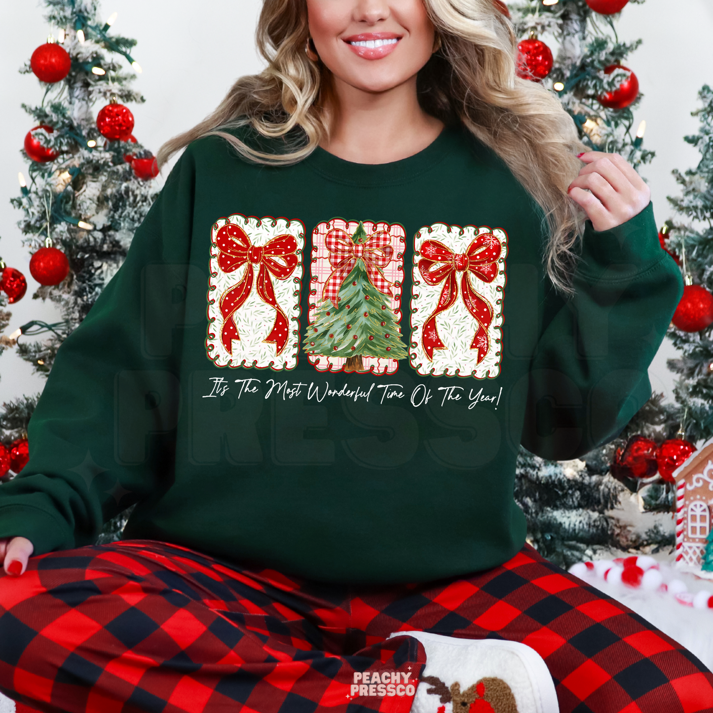 Christmas Tree & Bows Sweatshirt – Cozy Holiday Sweater With Festive Graphic Apparel