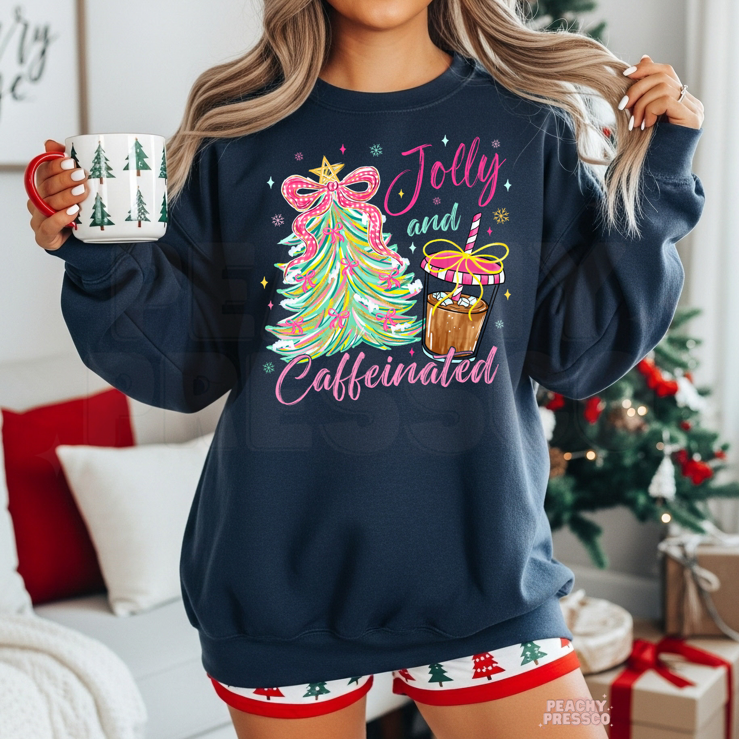 Jolly and Caffeinated Christmas Sweatshirt – Festive Coffee Lover Shirt | Holiday Apparel