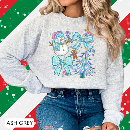 Pastel Christmas Icons Sweatshirt – Cute Holiday Snowman & Bows | Festive Apparel