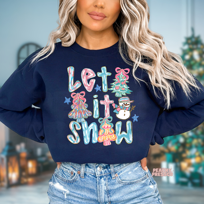 Let It Snow Christmas Sweatshirt – Cute Snowman & Colorful Tree Apparel