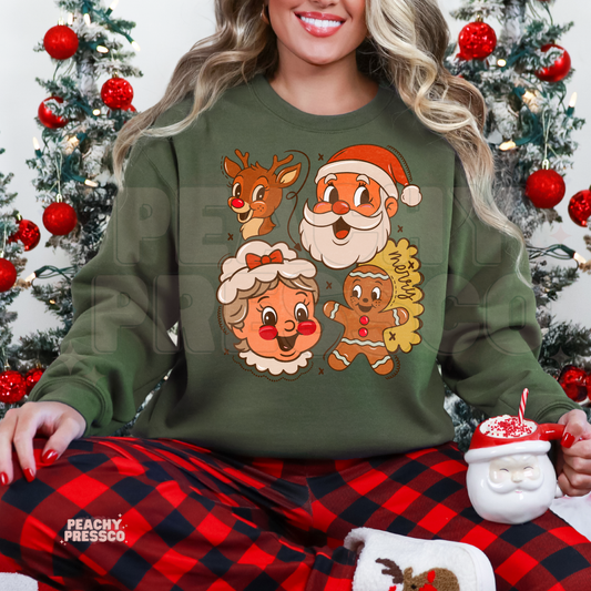 Retro Christmas Crew Sweatshirt – Santa, Mrs. Claus & Friends Apparel