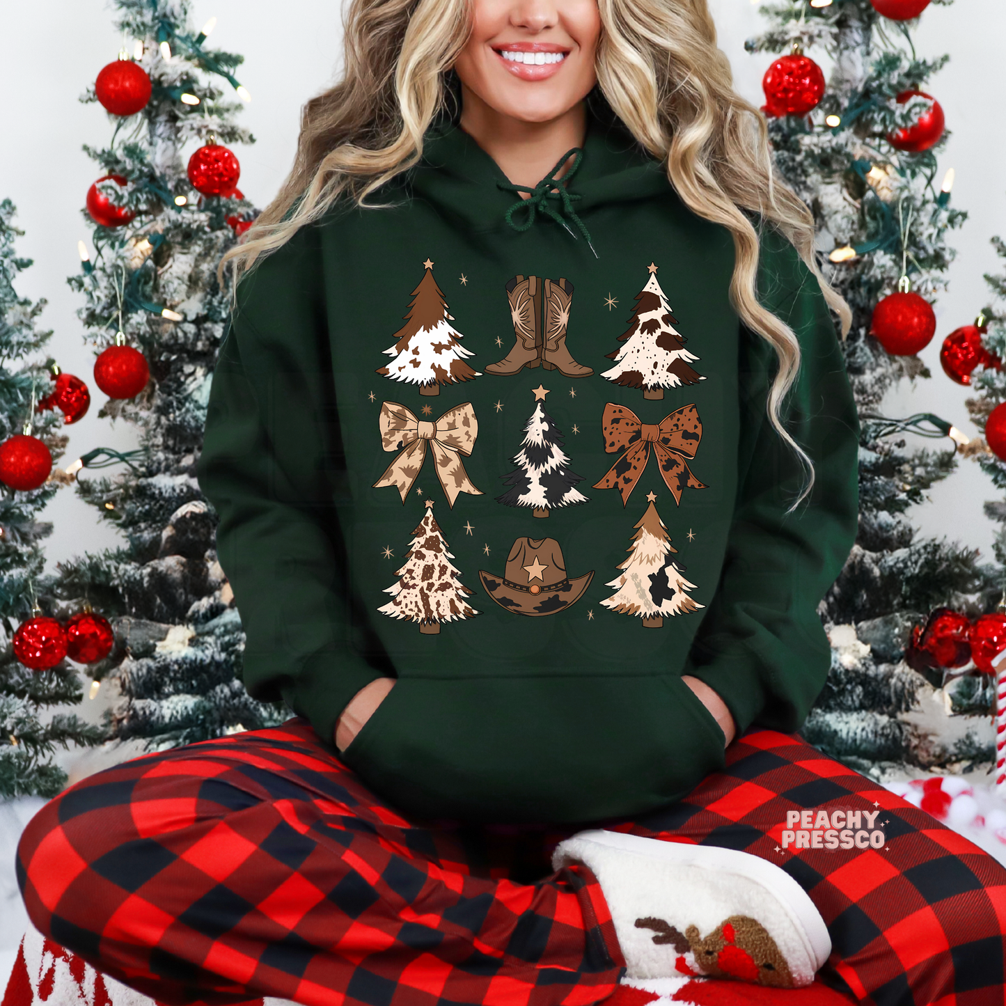 Western Christmas Sweatshirt – Cow Girl Holiday Trees & Bows, Apparel