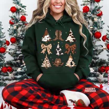 Western Christmas Sweatshirt – Cow Girl Holiday Trees & Bows, Apparel