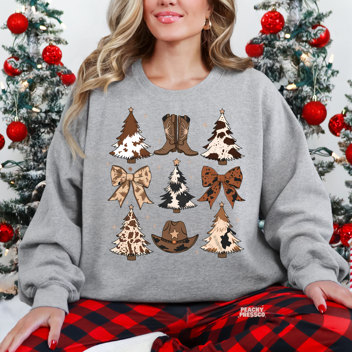Western Christmas Sweatshirt – Cow Girl Holiday Trees & Bows, Apparel