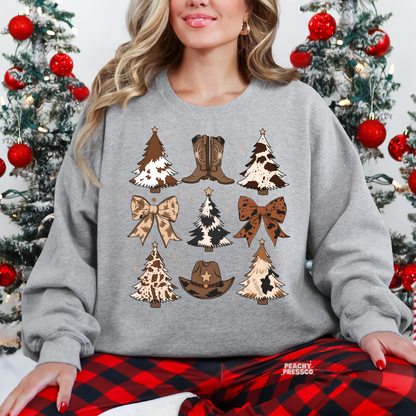 Western Christmas Sweatshirt – Cow Girl Holiday Trees & Bows, Apparel