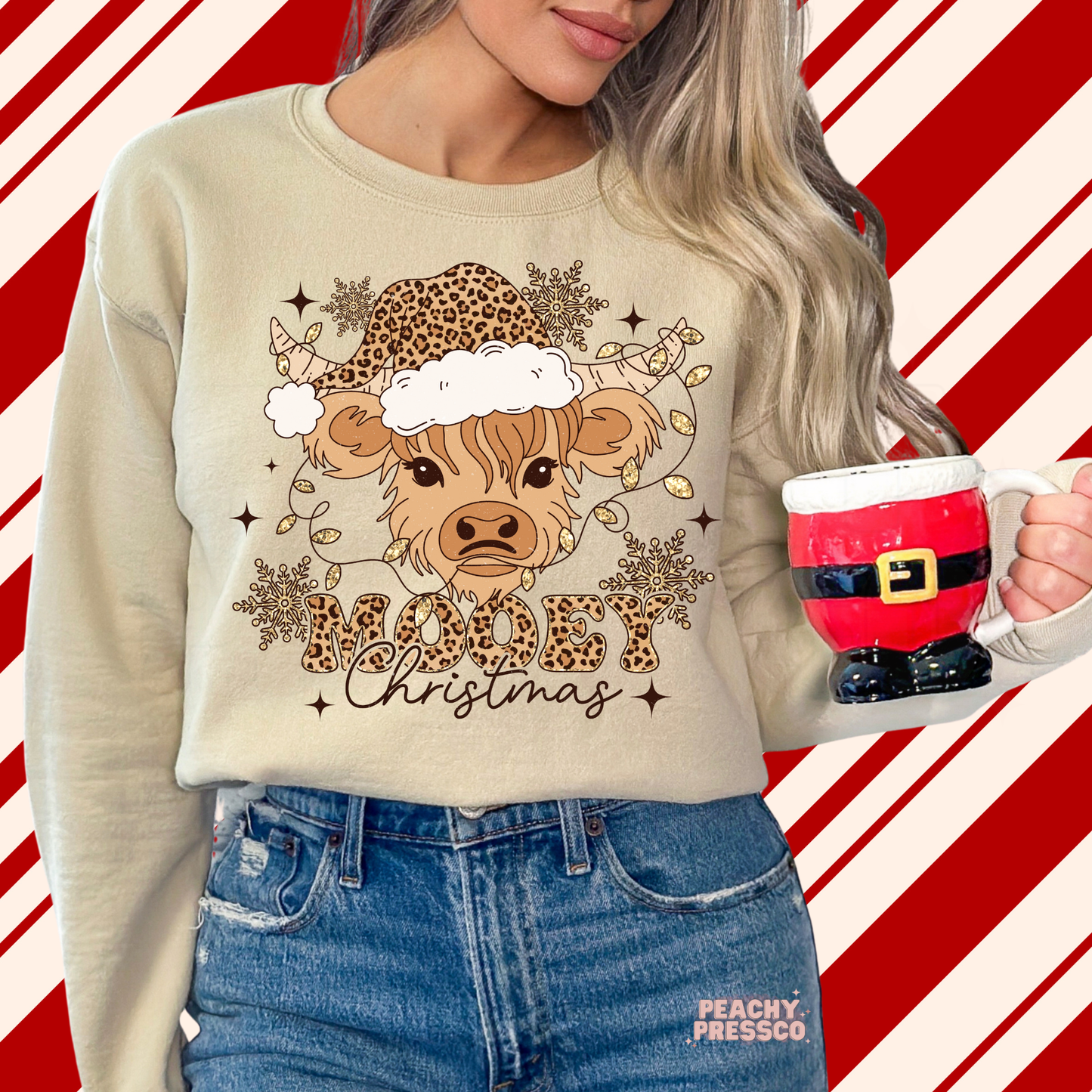 Mooey Leopard Print, Christmas Cow Sweatshirt - Festive Holiday Apparel