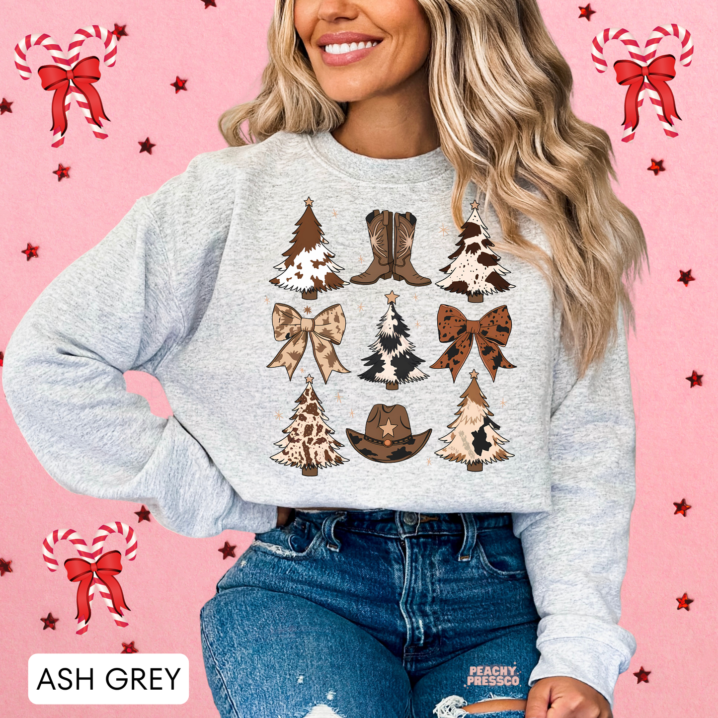 Western Christmas Sweatshirt – Cow Girl Holiday Trees & Bows, Apparel
