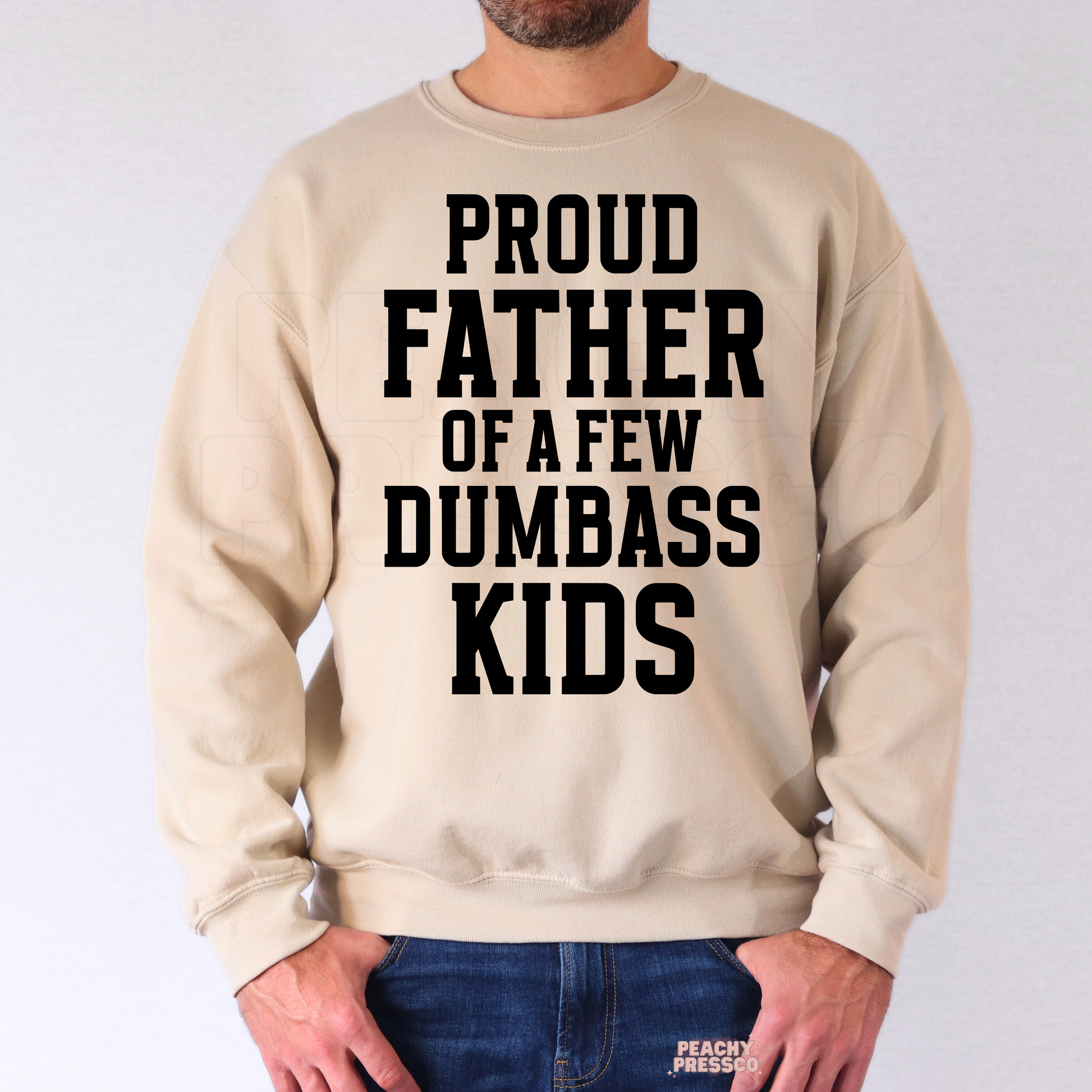 Man wearing beige crewneck sweatshirt with bold black “Proud Father of a Few Dumbass Kids” graphic design.