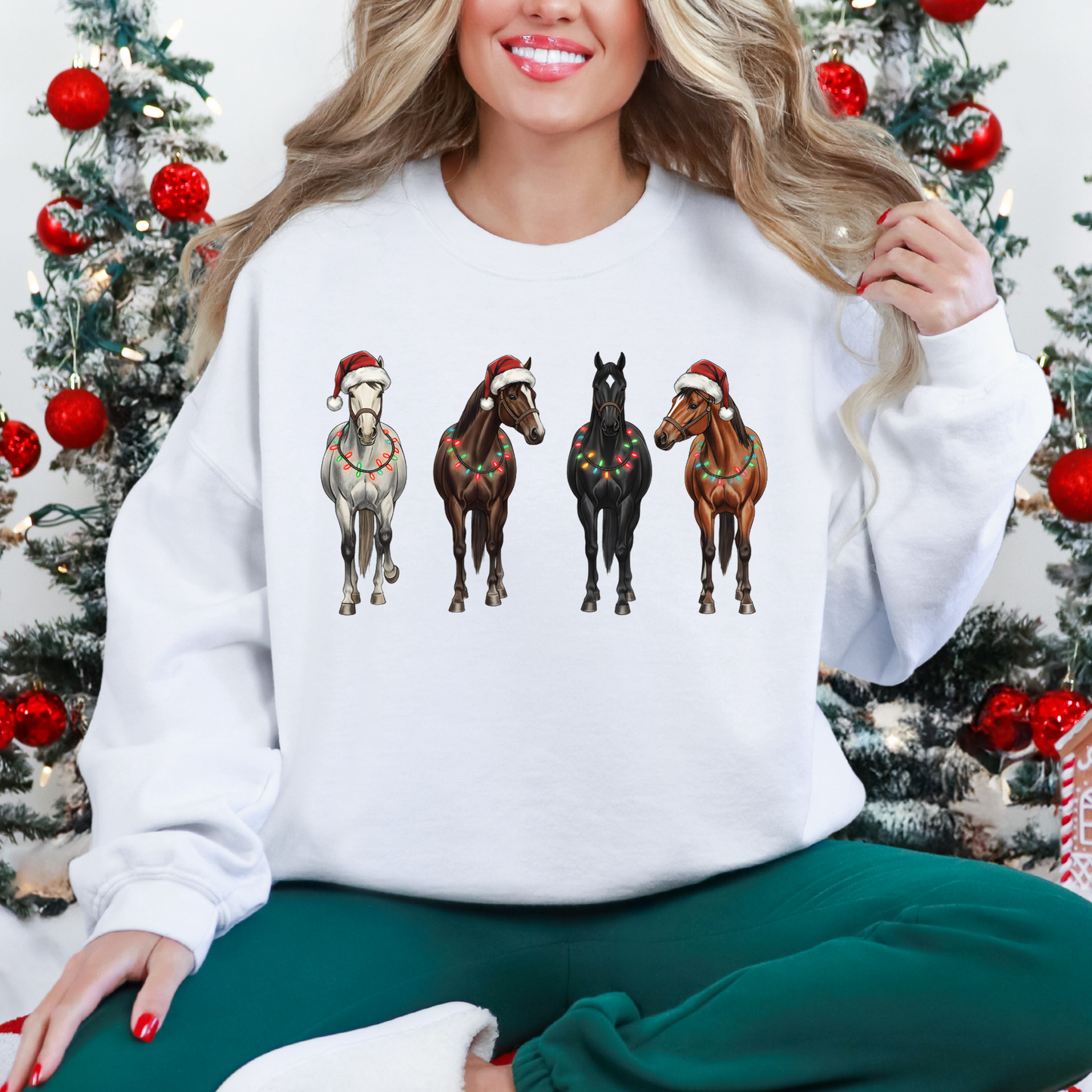 Christmas Horse Lights Sweatshirt – Festive Farm Holiday Apparel