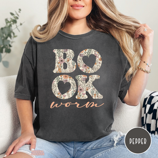 Floral bookworm t-shirt with vintage botanical design for book lovers