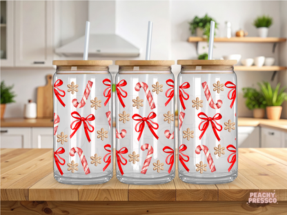Candy Cane Christmas Glass Cup with Red Bows – Festive Holiday Drink Cup 16oz