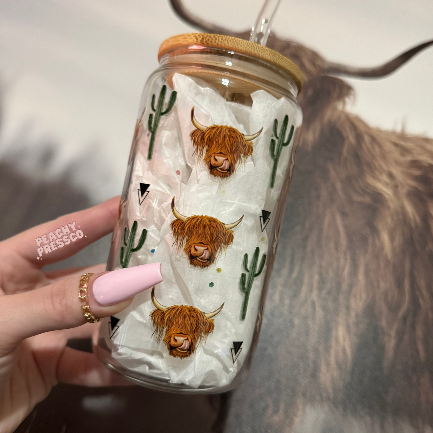 Highland Cow Glass Cup – 16oz Western Cup with Cactus and Boho Arrows