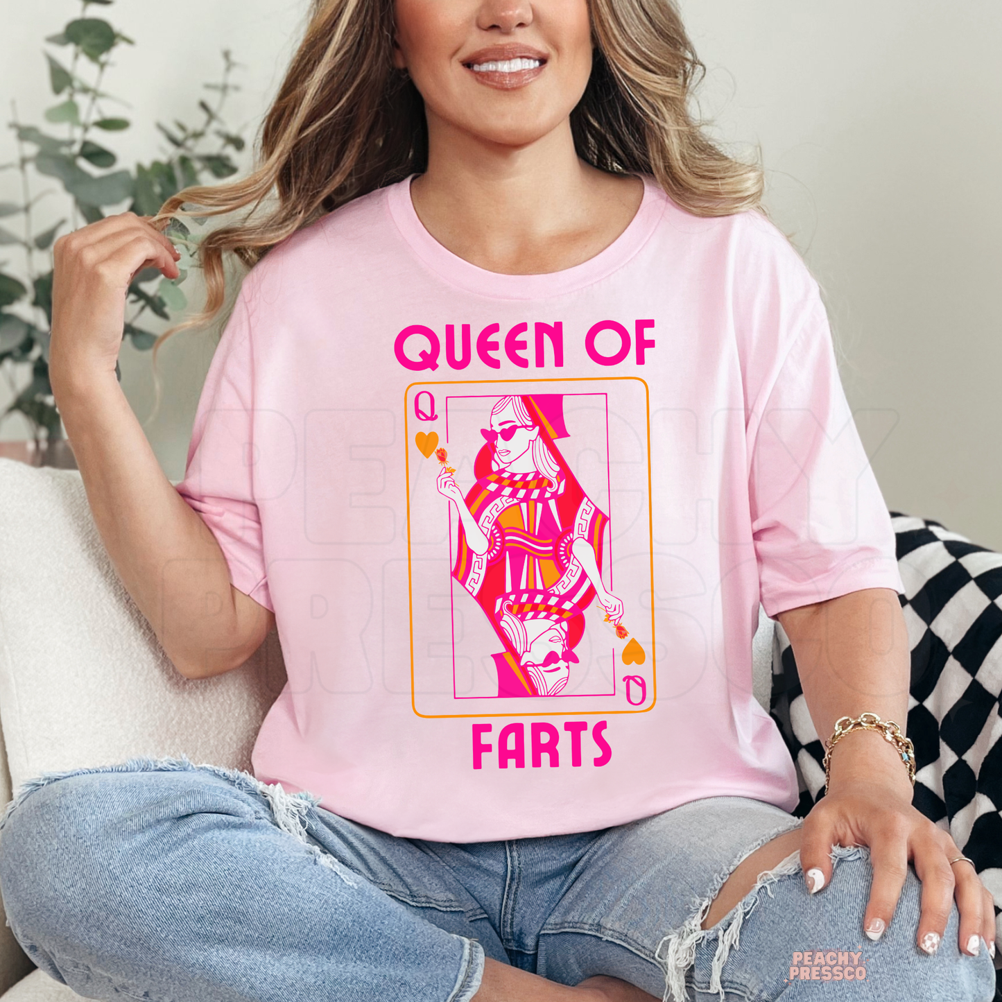 Queen of Farts Funny Graphic Sweatshirt | Cute Pink Humor Shirt | Gag Gift for Her | Retro Graphic Apparel