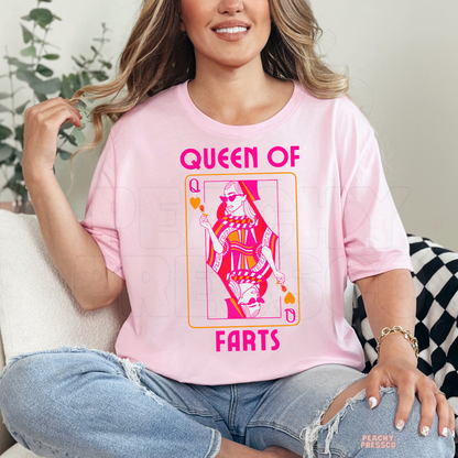 Queen of Farts Funny Graphic Sweatshirt | Cute Pink Humor Shirt | Gag Gift for Her | Retro Graphic Apparel