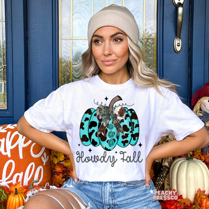 Howdy Fall Sweatshirt, Turquoise Cowprint Pumpkin Fall Apparel