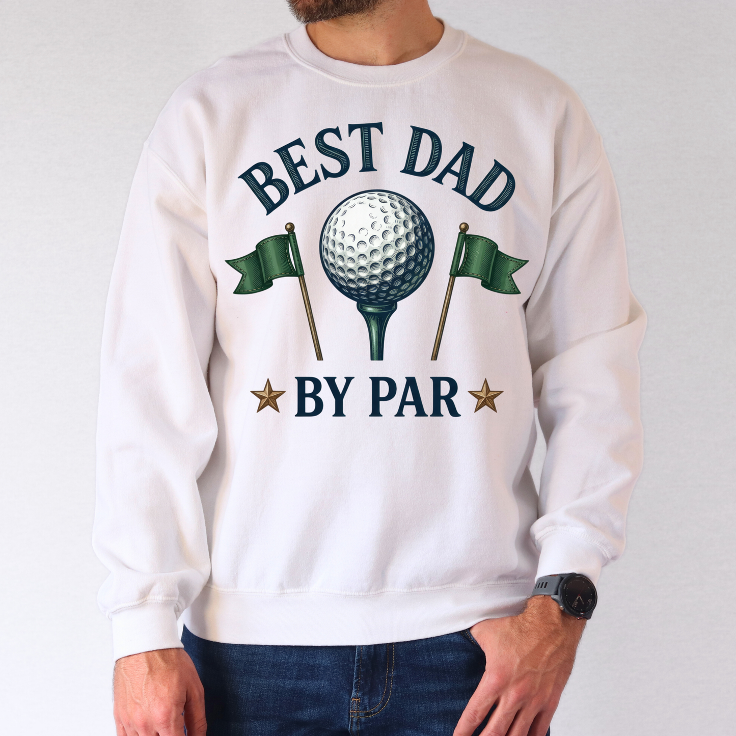 Man wearing white sweatshirt with golf ball graphic and “Best Dad By Par” text.
