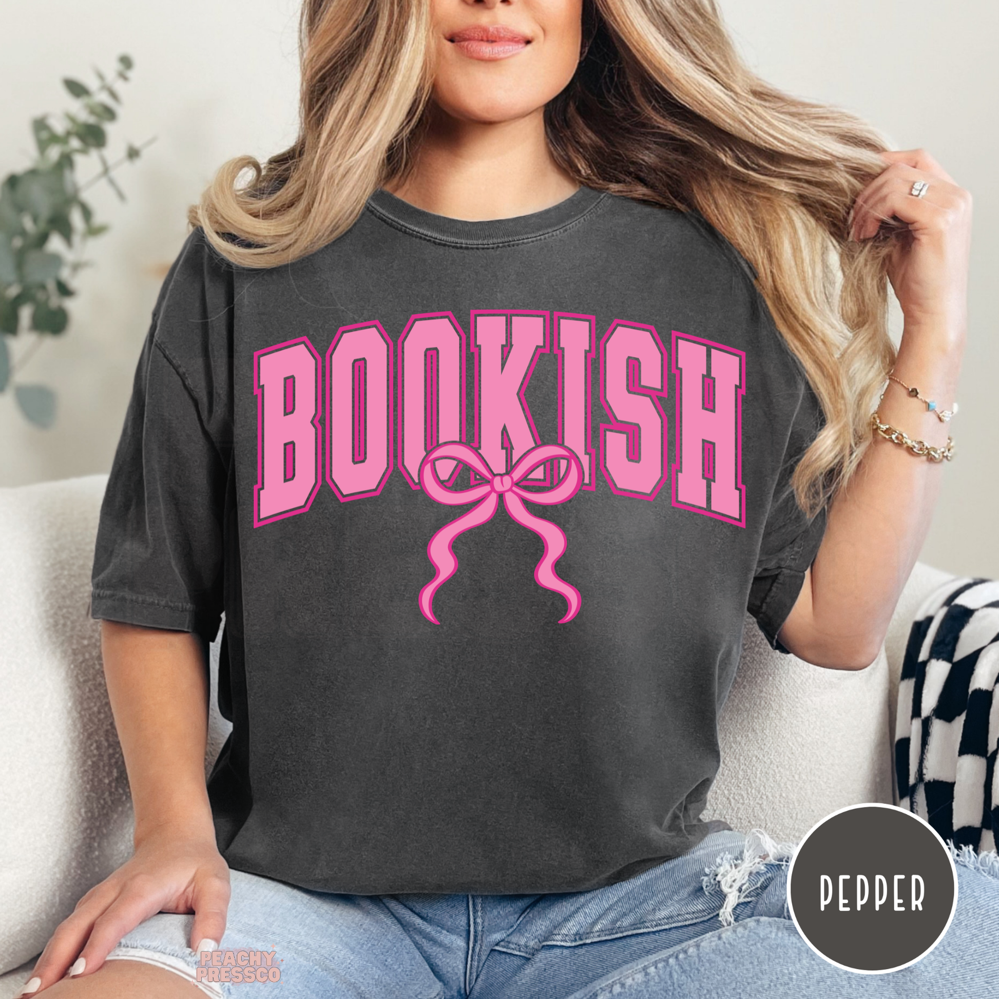 Pepper grey bookish bow t-shirt with pink graphic design for book lovers aesthetic