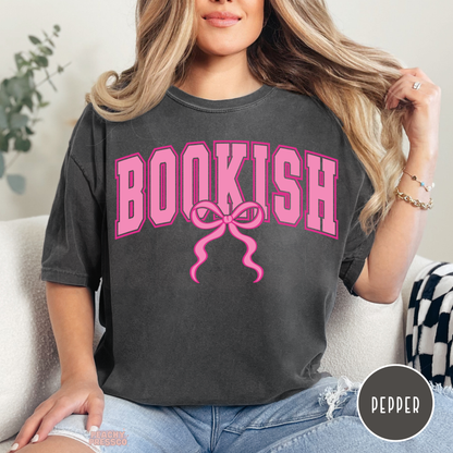 Pepper grey bookish bow t-shirt with pink graphic design for book lovers aesthetic