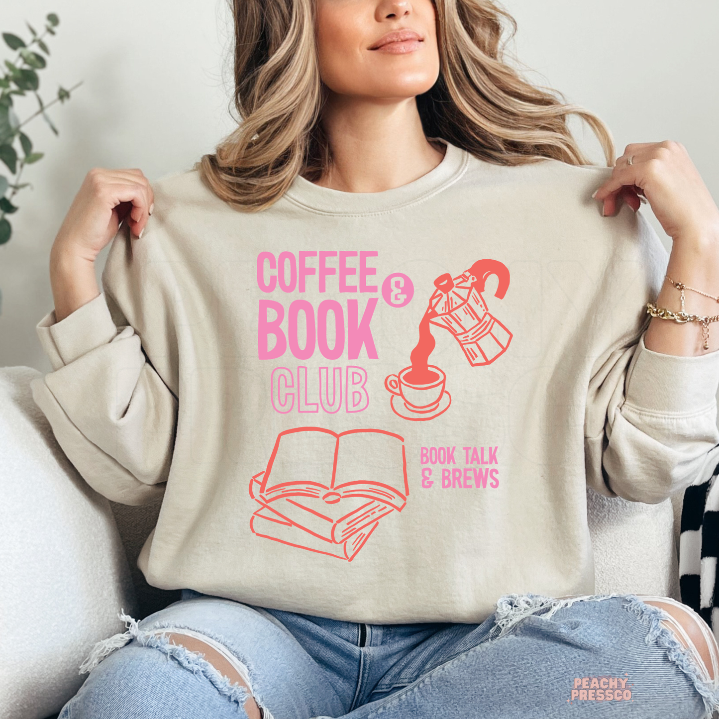 Coffee and Book Club cozy sweatshirt in sand beige with book lover and coffee graphic