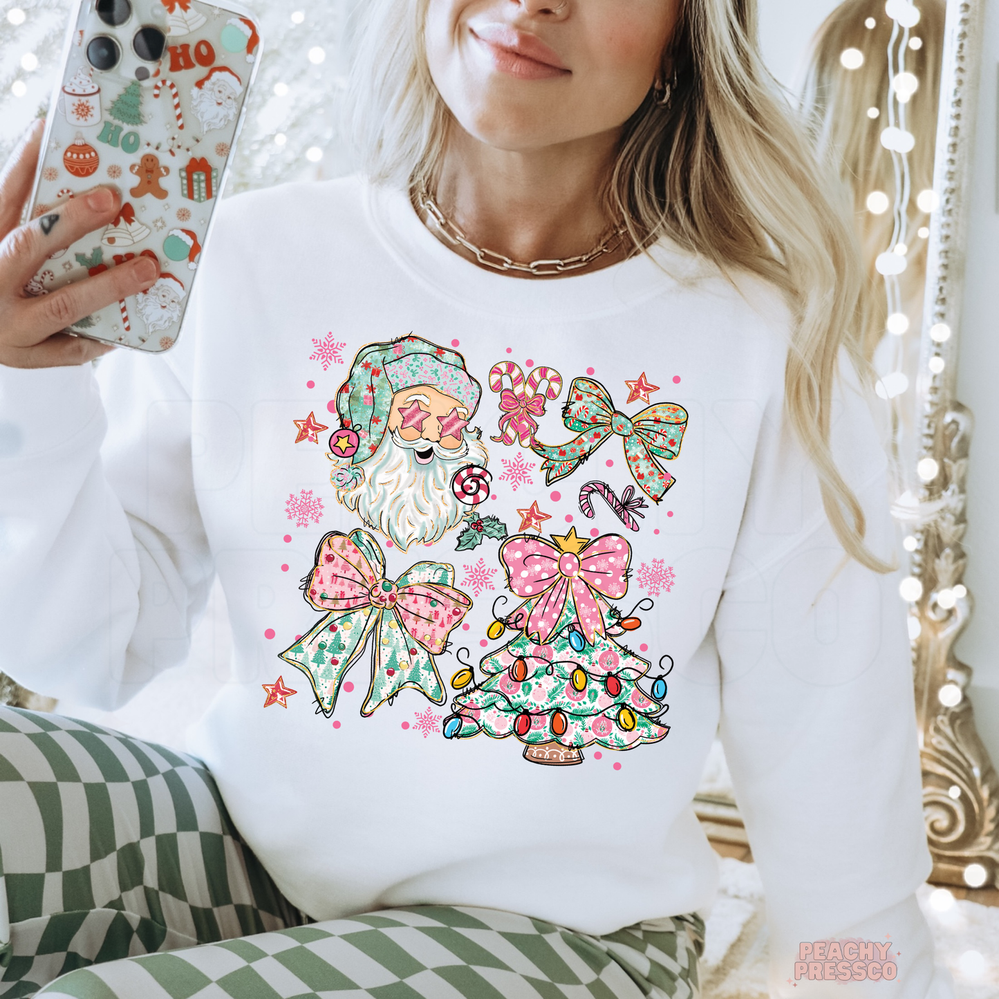 Retro Santa and Bows Christmas Sweatshirt – Festive Holiday Apparel