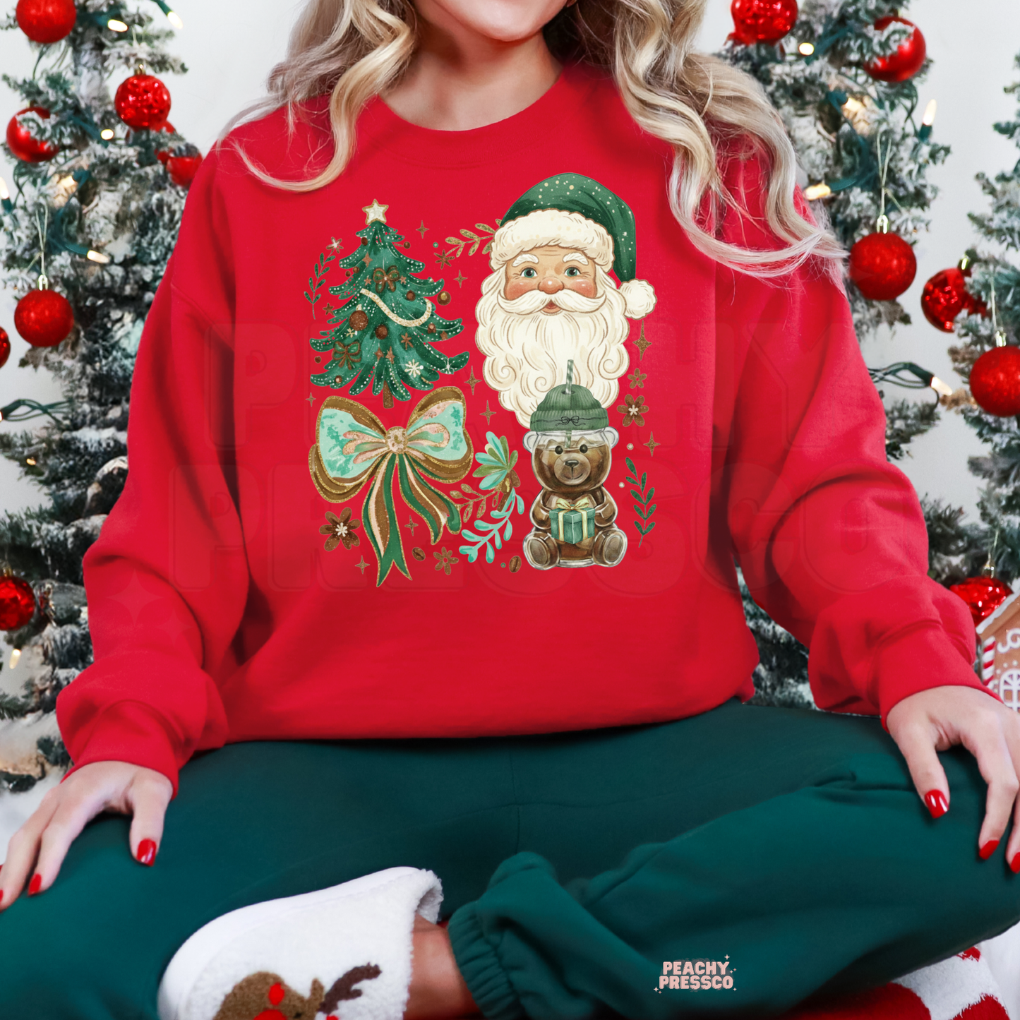 Cute Green Christmas Santa Sweatshirt | Holiday Cozy Vibes Apparel