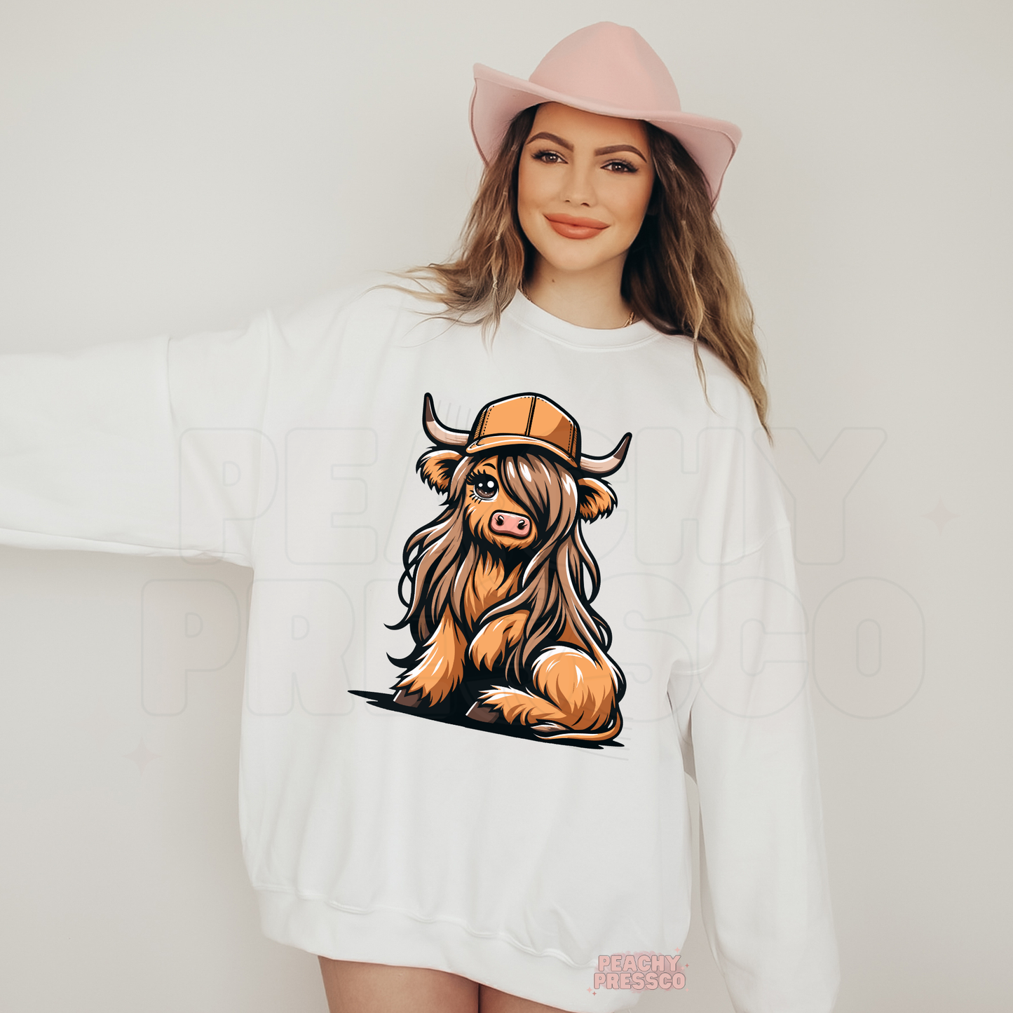 Cute Highland Cow Brunette Hair Girly Sweatshirt – Cow Lover, Western Apparel