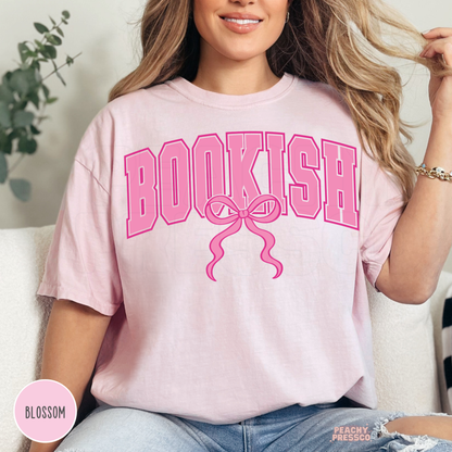 pink bookish bow tee with soft feminine reader design for everyday wear