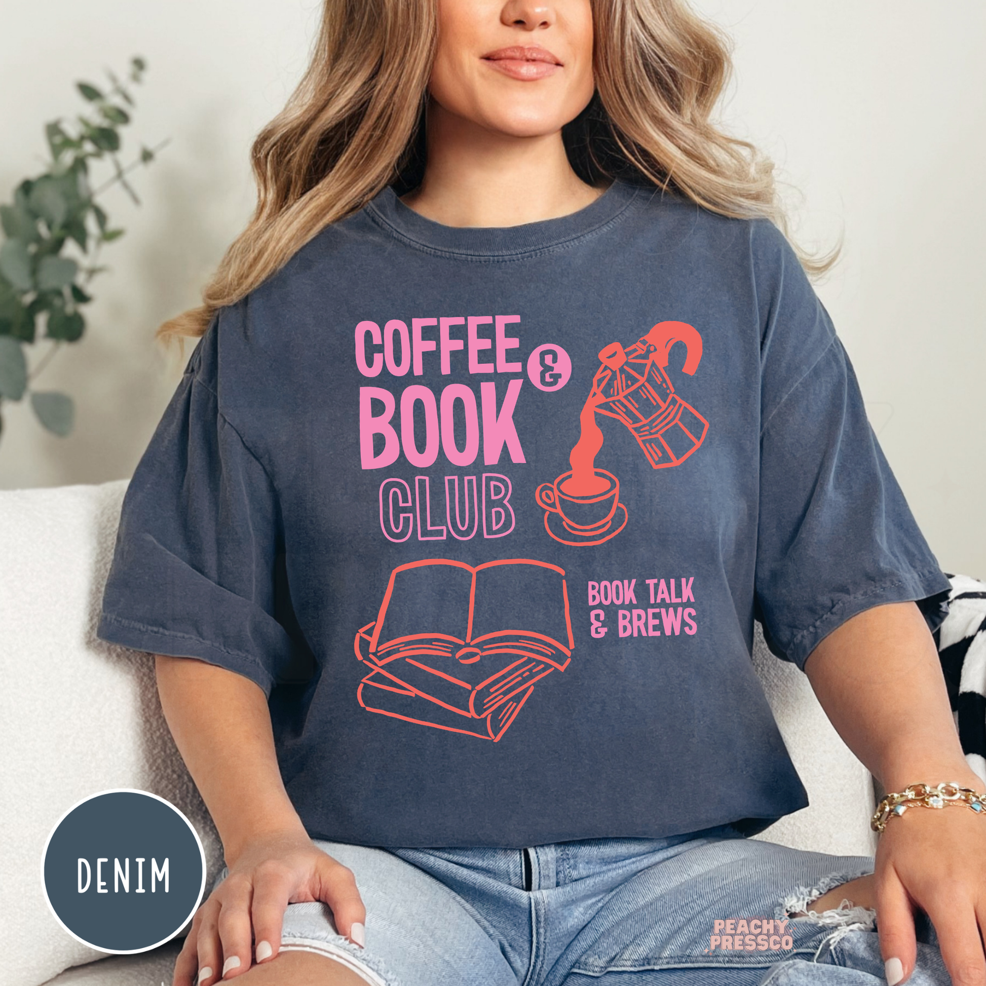 Coffee and Book Club graphic t-shirt in denim blue with aesthetic book and coffee design