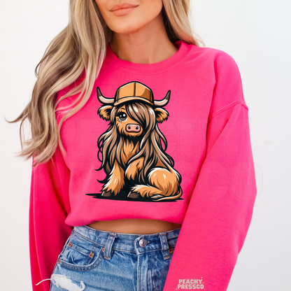 Cute Highland Cow Brunette Hair Girly Sweatshirt – Cow Lover, Western Apparel