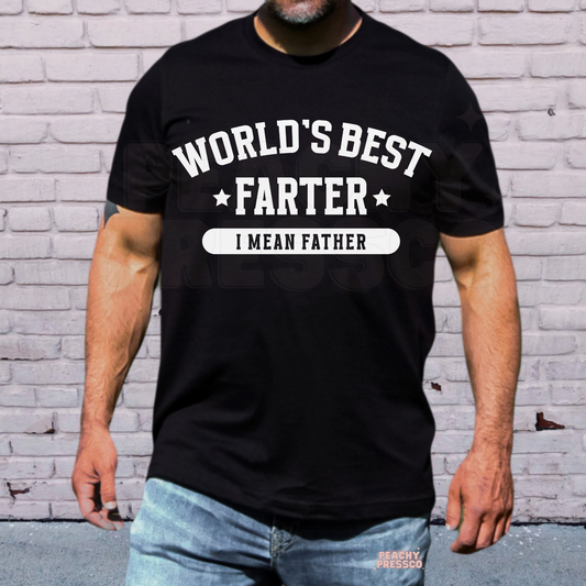 Man wearing black t-shirt with bold white “World’s Best Farter I Mean Father” funny dad quote design.